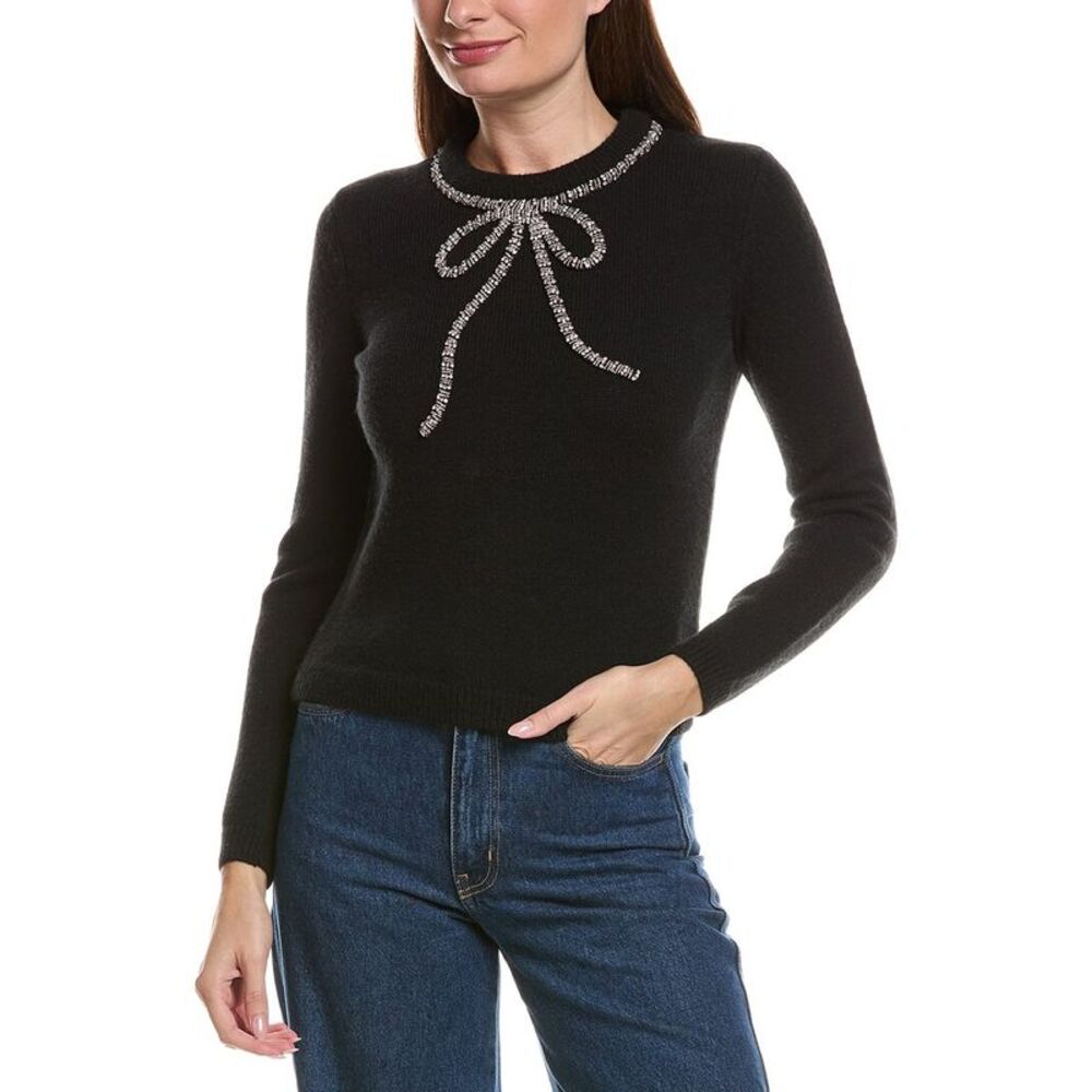 English Factory Womens  Rhinestone Bow Knit Sweater, Black